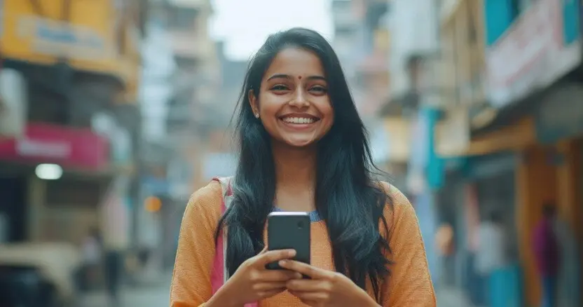 Instagram an Indian lady on the streets holding a mobile and smiling