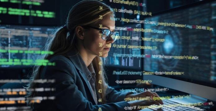 a lady working on a system with glass and numerals on the screen in dark mode