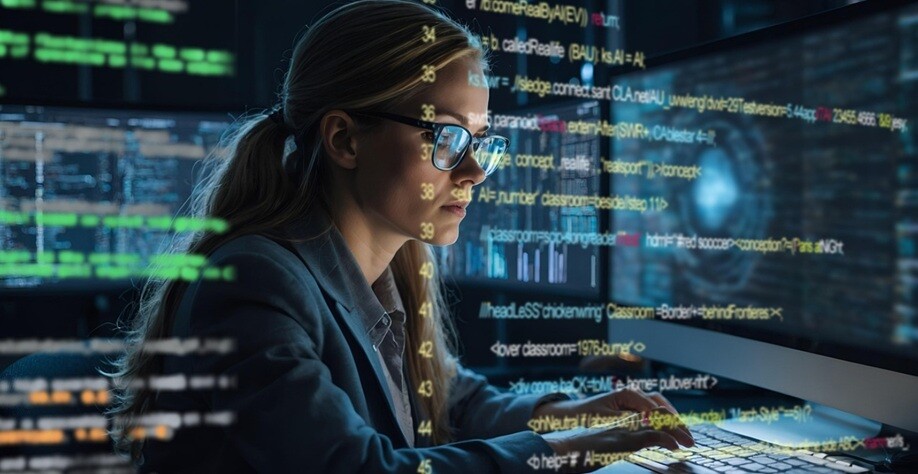 a lady working on a system with glass and numerals on the screen in dark mode
