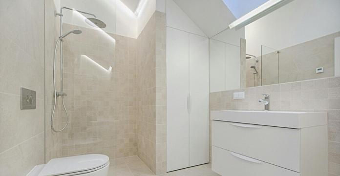clean white bathroom with basin, shower and closet