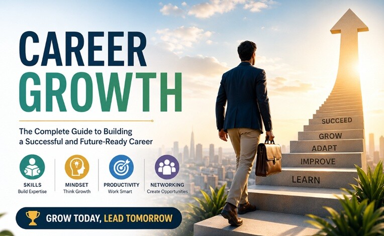 Career growth concept showing a professional climbing steps toward success with focus on skills, mindset, productivity, and networking