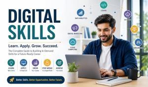 Digital skills concept showing a professional using a laptop with icons for coding, data analytics, AI tools, and communication