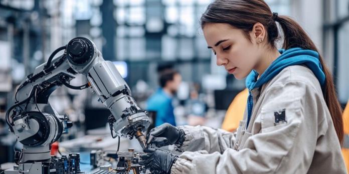 a student working on a robot as a school experiment