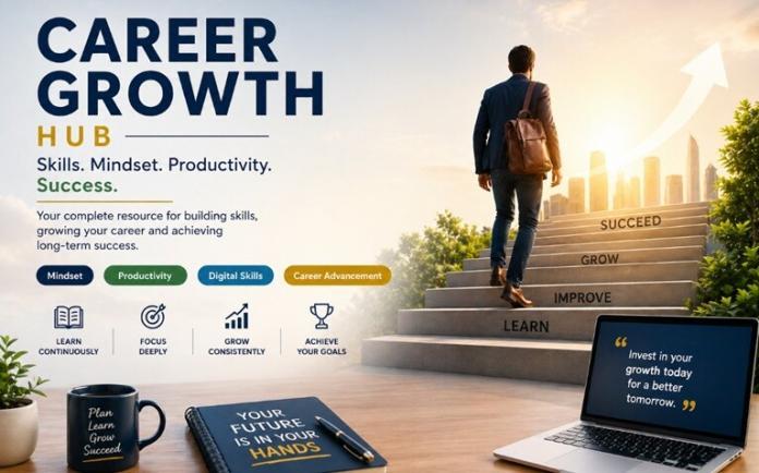 Career growth hub illustration showing a professional climbing steps toward success with focus on skills, mindset, and productivity