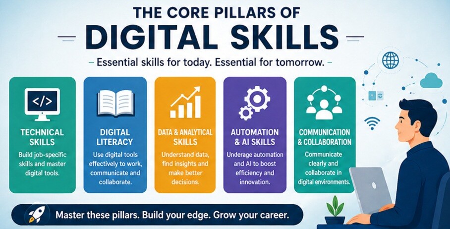 Core pillars of digital skills including technical skills, digital literacy, data analysis, automation, and communication