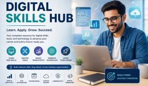Digital skills hub illustration showing a professional using a laptop with icons for AI, data, tools, and technology for career growth