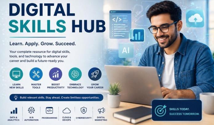 Digital skills hub illustration showing a professional using a laptop with icons for AI, data, tools, and technology for career growth
