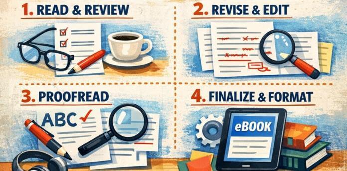 steps to publish to publish an eBook shown in different stages