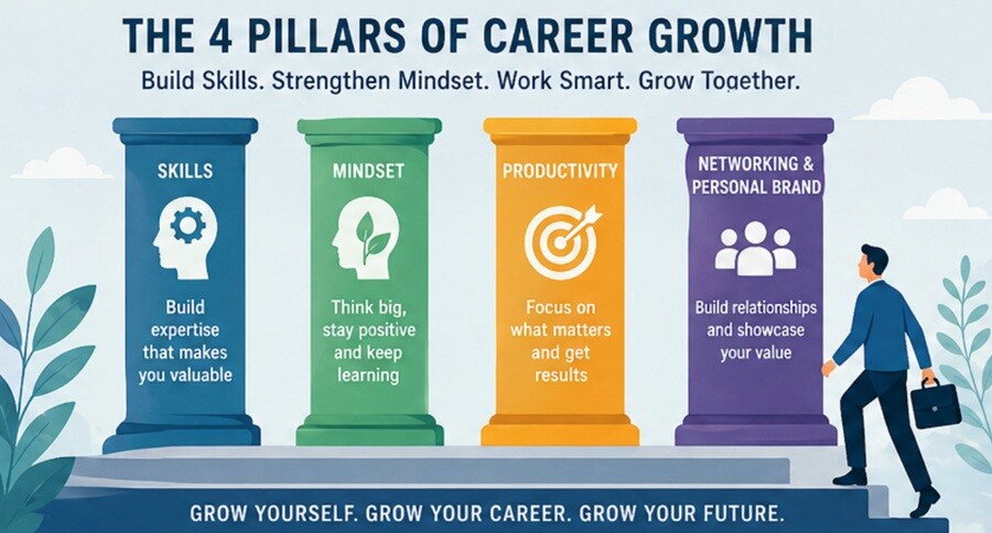Four pillars of career growth representing skills, mindset, productivity, and networking for professional development