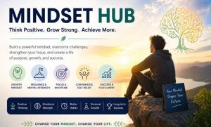 Mindset hub illustration showing personal growth, resilience, focus, and self-belief with a person reflecting in a calm landscape