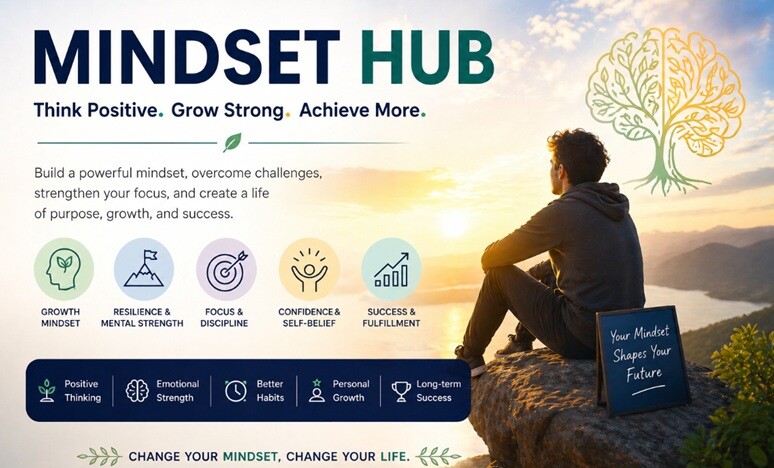 Mindset hub illustration showing personal growth, resilience, focus, and self-belief with a person reflecting in a calm landscape