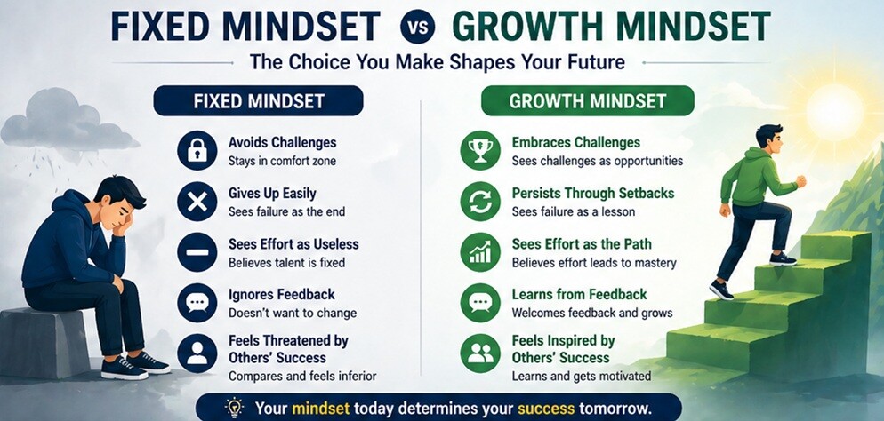 Fixed mindset vs growth mindset comparison showing challenges, learning, resilience, and personal improvement