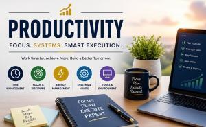 Productivity concept showing focus, time management, systems, and smart execution in a modern workspace