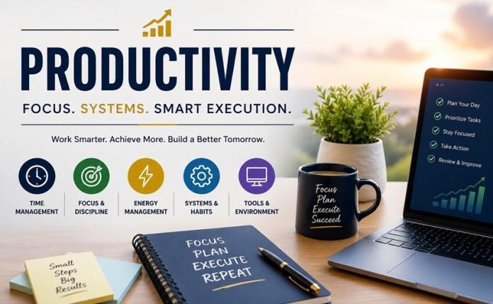 Productivity concept showing focus, time management, systems, and smart execution in a modern workspace