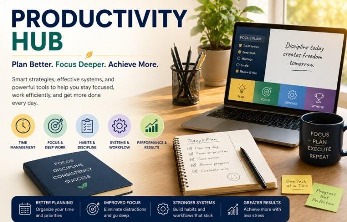 Productivity hub illustration showing a modern workspace with laptop, planning tools, focus systems, and workflow optimization for better performance