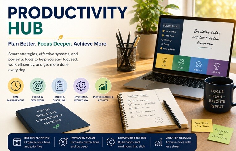 Productivity hub illustration showing a modern workspace with laptop, planning tools, focus systems, and workflow optimization for better performance