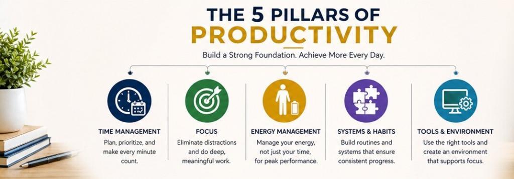 Five pillars of productivity including time management, focus, energy management, systems, and tools for better performance