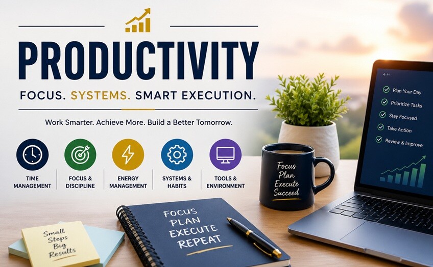 Productivity concept showing focus, time management, systems, and smart execution in a modern workspace