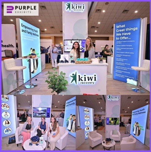 trade show exhibits with lady on the frames in a kiosk