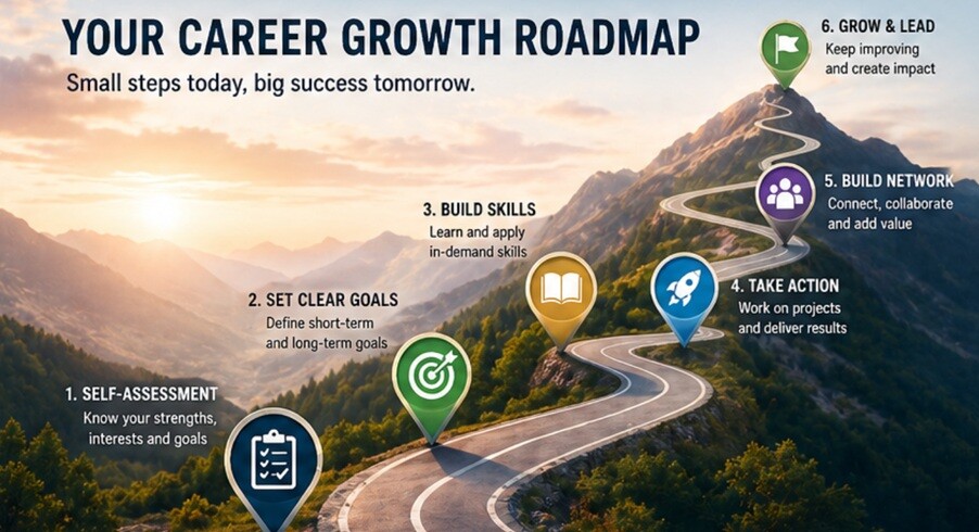 Career growth roadmap showing step-by-step progression from self-assessment to success and leadership