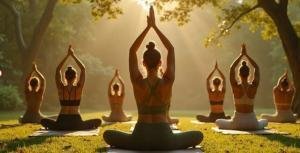 a group of ladies practising yoga in a open lawn ground in the sun rise