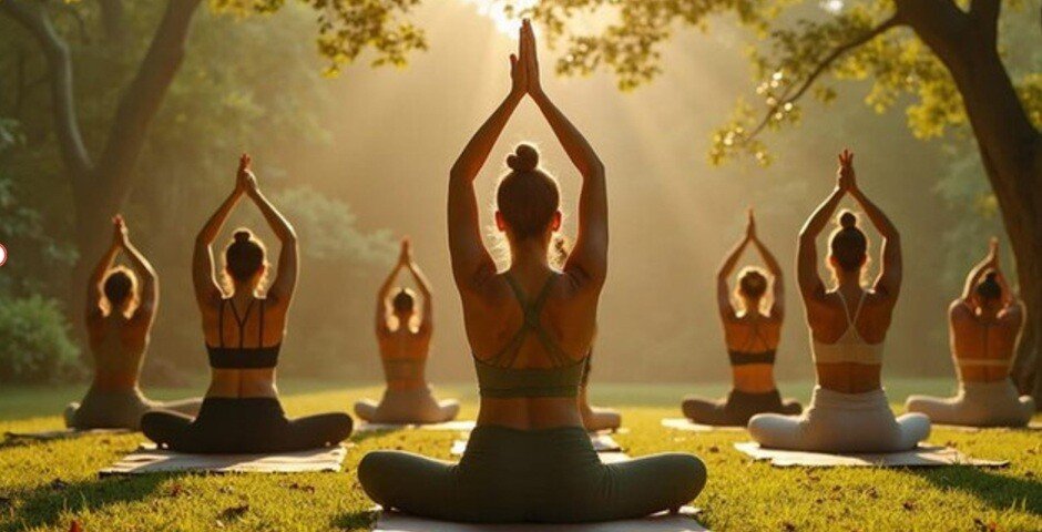 a group of ladies practising yoga in a open lawn ground in the sun rise