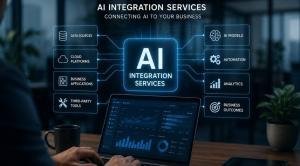 Business professional using a laptop with AI integration dashboard connecting data sources, AI models, automation, analytics, and business systems in a modern office.