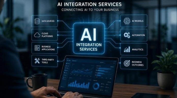 Business professional using a laptop with AI integration dashboard connecting data sources, AI models, automation, analytics, and business systems in a modern office.