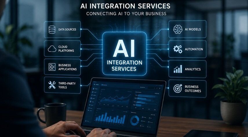 Business professional using a laptop with AI integration dashboard connecting data sources, AI models, automation, analytics, and business systems in a modern office.