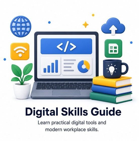 Modern digital skills illustration with laptop, online tools, coding icons, and learning resources.