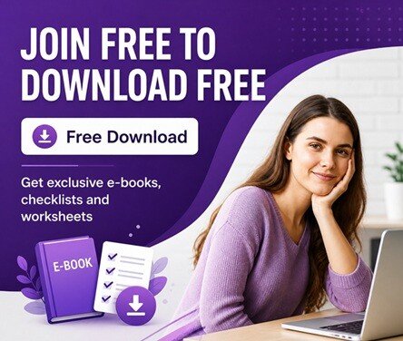 Join free to download free banner with call to action offering ebooks, checklists and worksheets for personal growth