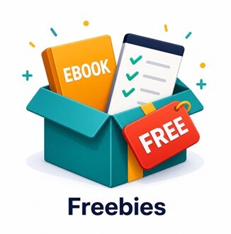 Freebies illustration with ebook and checklist in a box representing free resources for learning and personal development