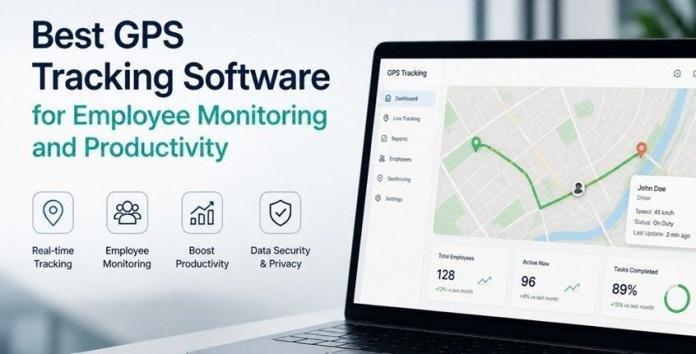 Modern laptop displaying GPS tracking dashboard in a clean, professional office setting.