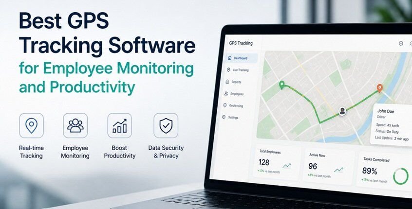 Modern laptop displaying GPS tracking dashboard in a clean, professional office setting.