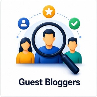 Guest bloggers illustration with magnifying glass and people representing contributor community and expert writers