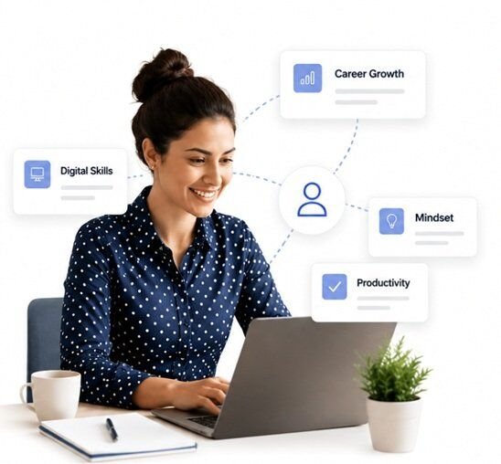 Heroine Professional woman working on a laptop with digital growth, productivity, mindset, and career development concepts in a modern workspace illustration.