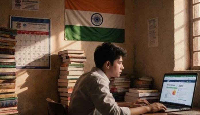 Students preparing for government jobs in India with study materials and laptop, highlighting lesser-known sarkari job opportunities and exam preparation for better results