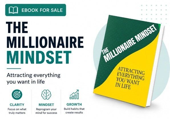 Modern sidebar banner promoting “The Millionaire Mindset” ebook with realistic book mockup, mindset growth theme.