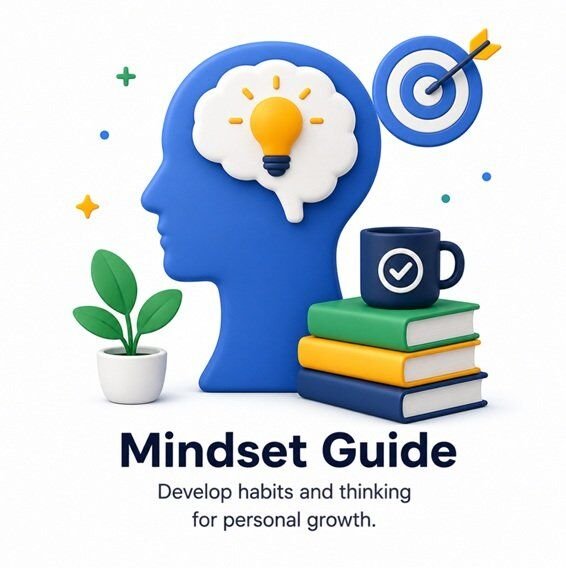 Mindset and personal growth illustration with brain, books, and positive thinking concepts.