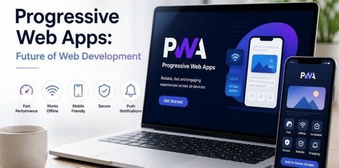 Modern workspace with laptop and smartphone displaying a progressive web app interface, highlighting speed, connectivity, and mobile-friendly design.