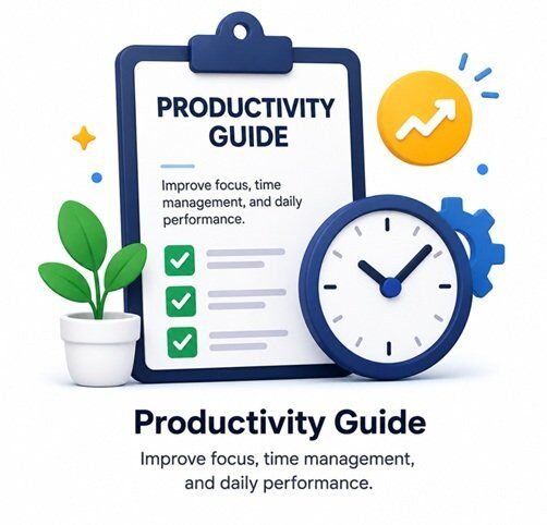 Productivity illustration featuring checklist, clock, and task management elements for better focus and efficiency.