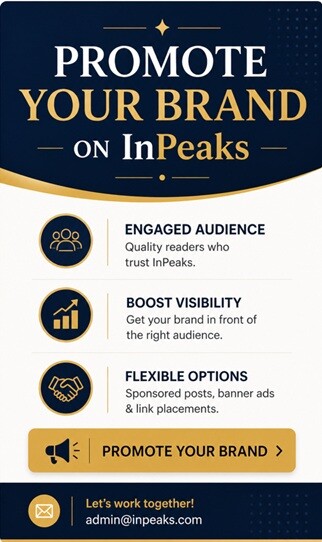 Promote your brand on InPeaks banner in navy and gold theme showing audience engagement, visibility and advertising options with contact email