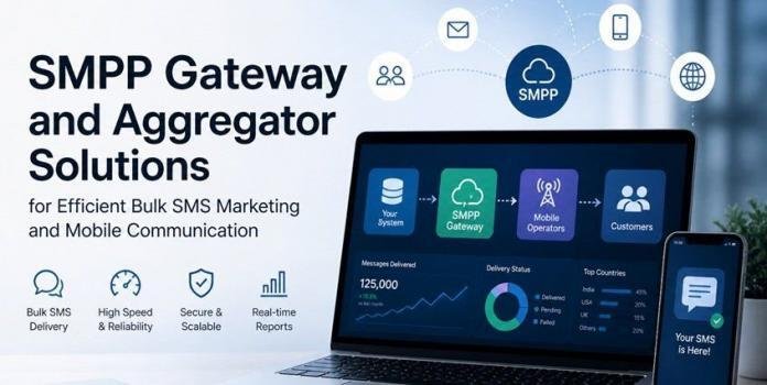 Modern tech workspace with laptop showing SMS delivery dashboard and smartphone with message notification, representing bulk SMS communication and SMPP gateway solutions.
