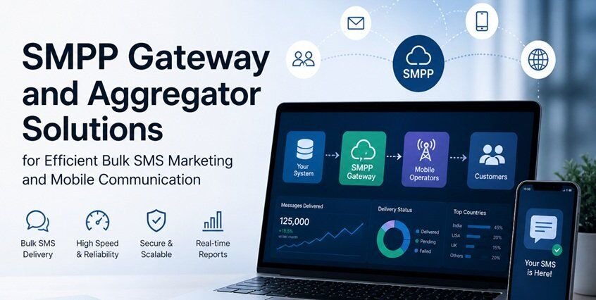 Modern tech workspace with laptop showing SMS delivery dashboard and smartphone with message notification, representing bulk SMS communication and SMPP gateway solutions.