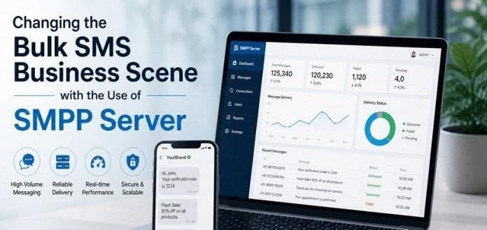 Laptop displaying SMS delivery analytics dashboard alongside a smartphone with messaging interface and a server device on a clean desk, representing bulk SMS technology and communication infrastructure.