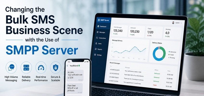 Laptop displaying SMS delivery analytics dashboard alongside a smartphone with messaging interface and a server device on a clean desk, representing bulk SMS technology and communication infrastructure.