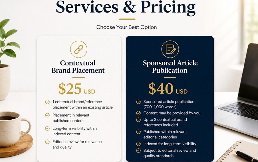 Professional sponsored content and brand partnership pricing section on InPeaks featuring contextual brand placements and sponsored article publication services with a clean editorial layout.
