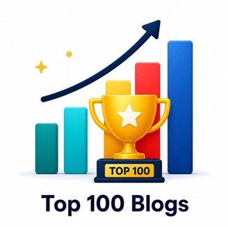 Top 100 blogs illustration showing growth chart and trophy representing best curated blog posts for career growth, skills and productivity
