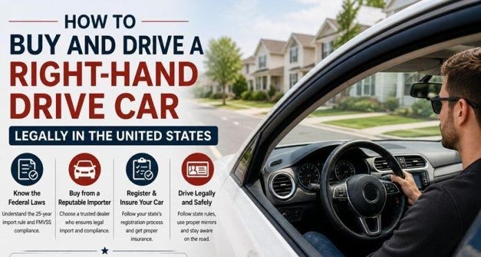 Right-hand drive car interior and driving on US roads, illustrating legal aspects of buying and driving RHD vehicles in the United States