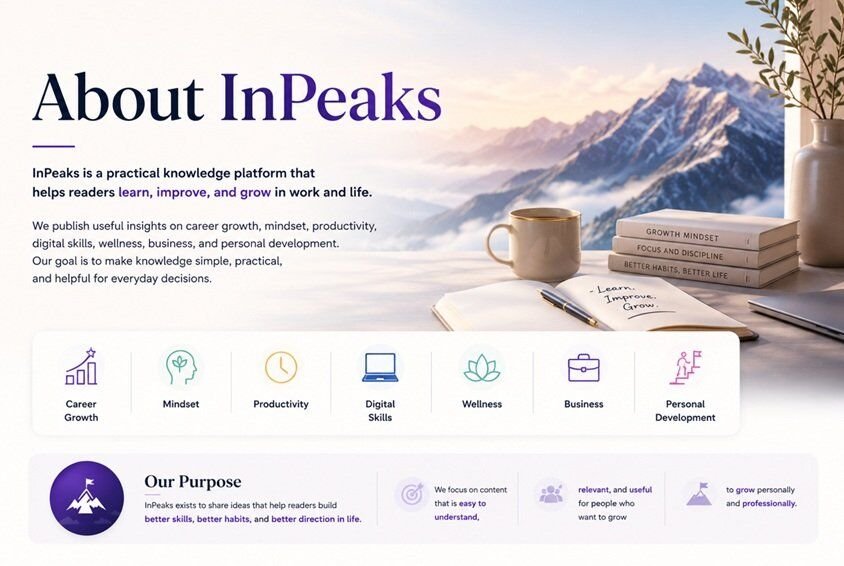 Elegant “About InPeaks” featured banner with a calm mountain landscape, soft pastel lighting, and a modern workspace featuring books, a notebook, and coffee cup. The clean design highlights personal growth, productivity, learning, and professional development with a peaceful and sophisticated aesthetic.